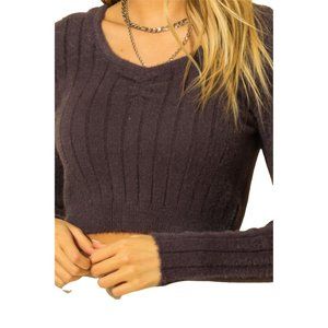 DOUBLE ZERO WOMENS CHARCOAL FUZZY LONG SLEEVE CROP TOP SWEATER SZ: S/M/L